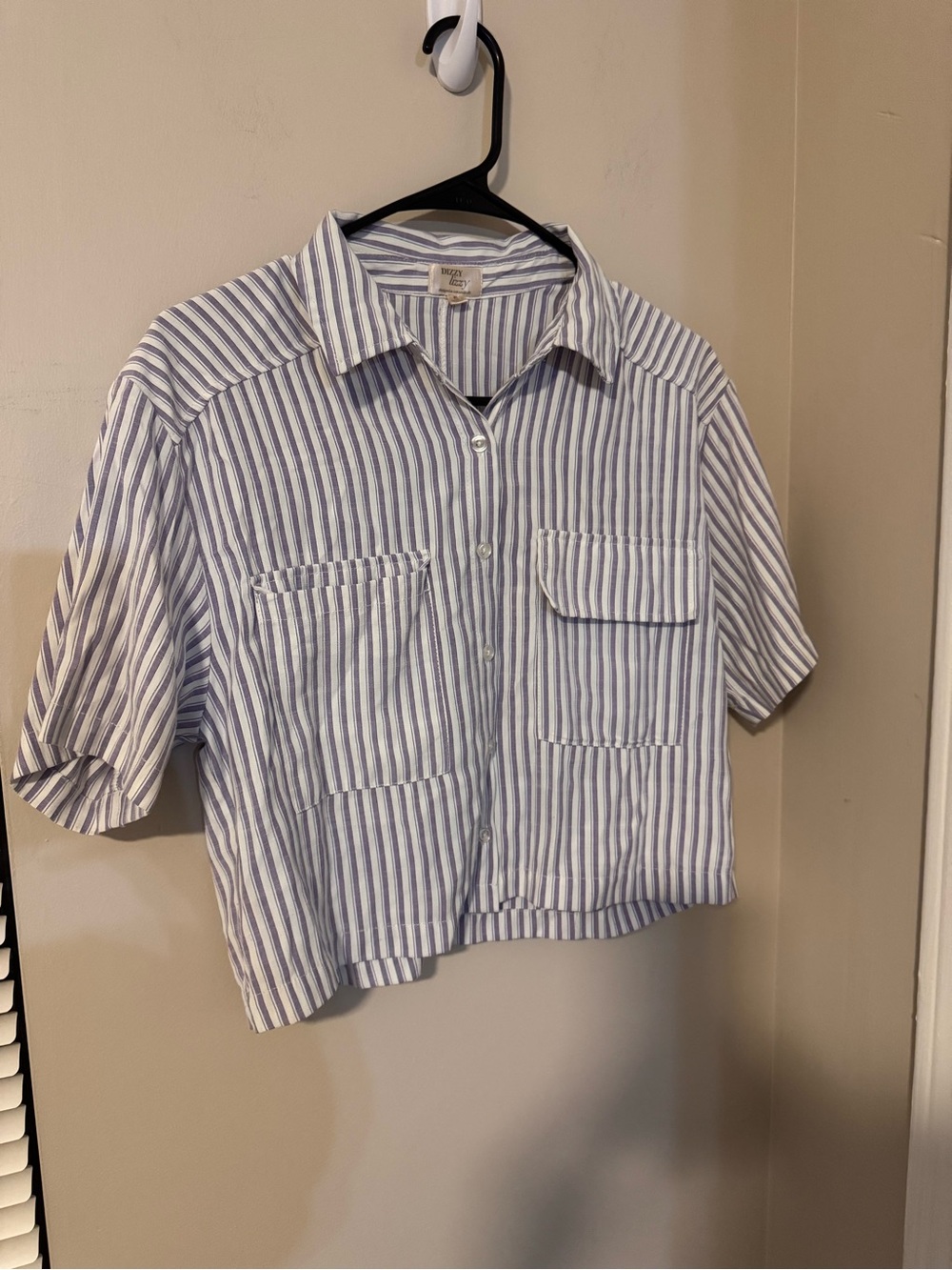 Dizzy Lizzy Striped Crop Button Down Utility Shirt Short Sleeve Coastal Summer